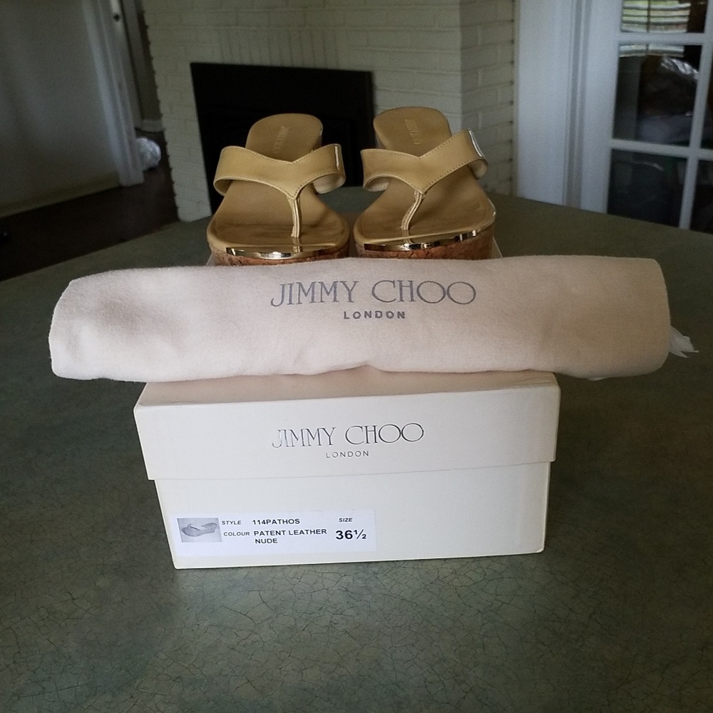 Jimmy Choo Sandal Wedge Patent Leather Sz 36.5